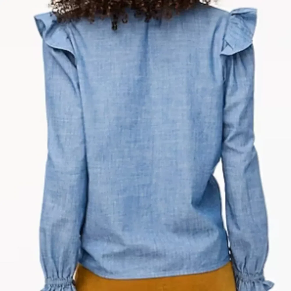 J Crew Women's Tops Chambray Ruffle Collar Blouse Cotton Denim Blue Medium $98